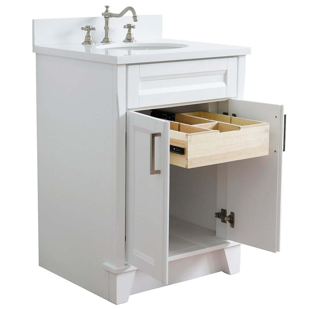 25" Single sink vanity in White finish with White quartz and oval sink - 400700-25-WH-WEO