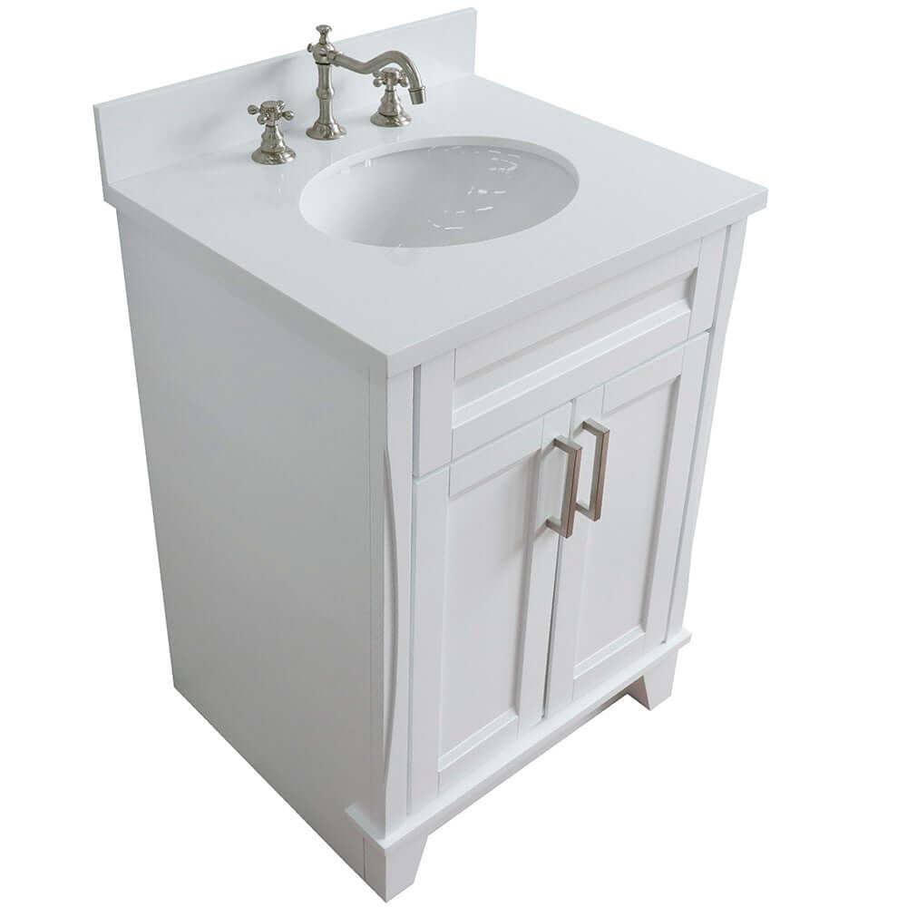 25" Single sink vanity in White finish with White quartz and oval sink - 400700-25-WH-WEO