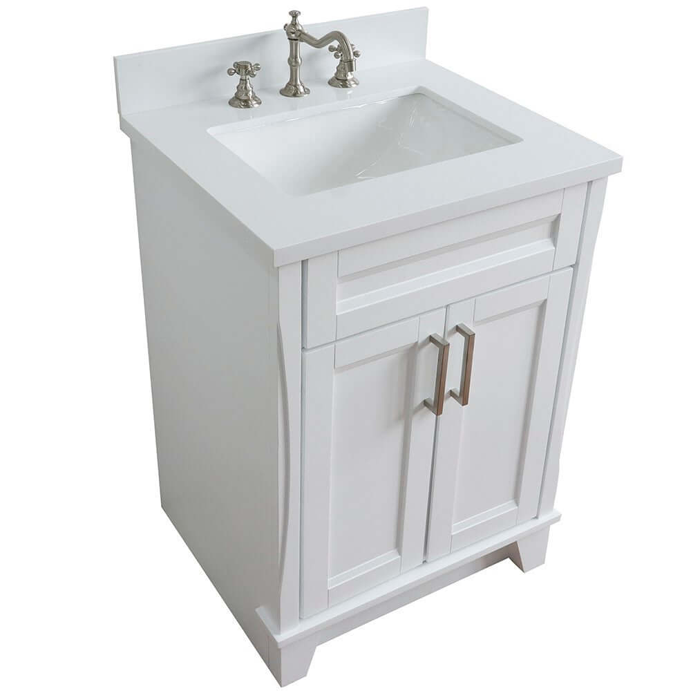 25" Single sink vanity in White finish with White quartz and rectangle sink - 400700-25-WH-WER