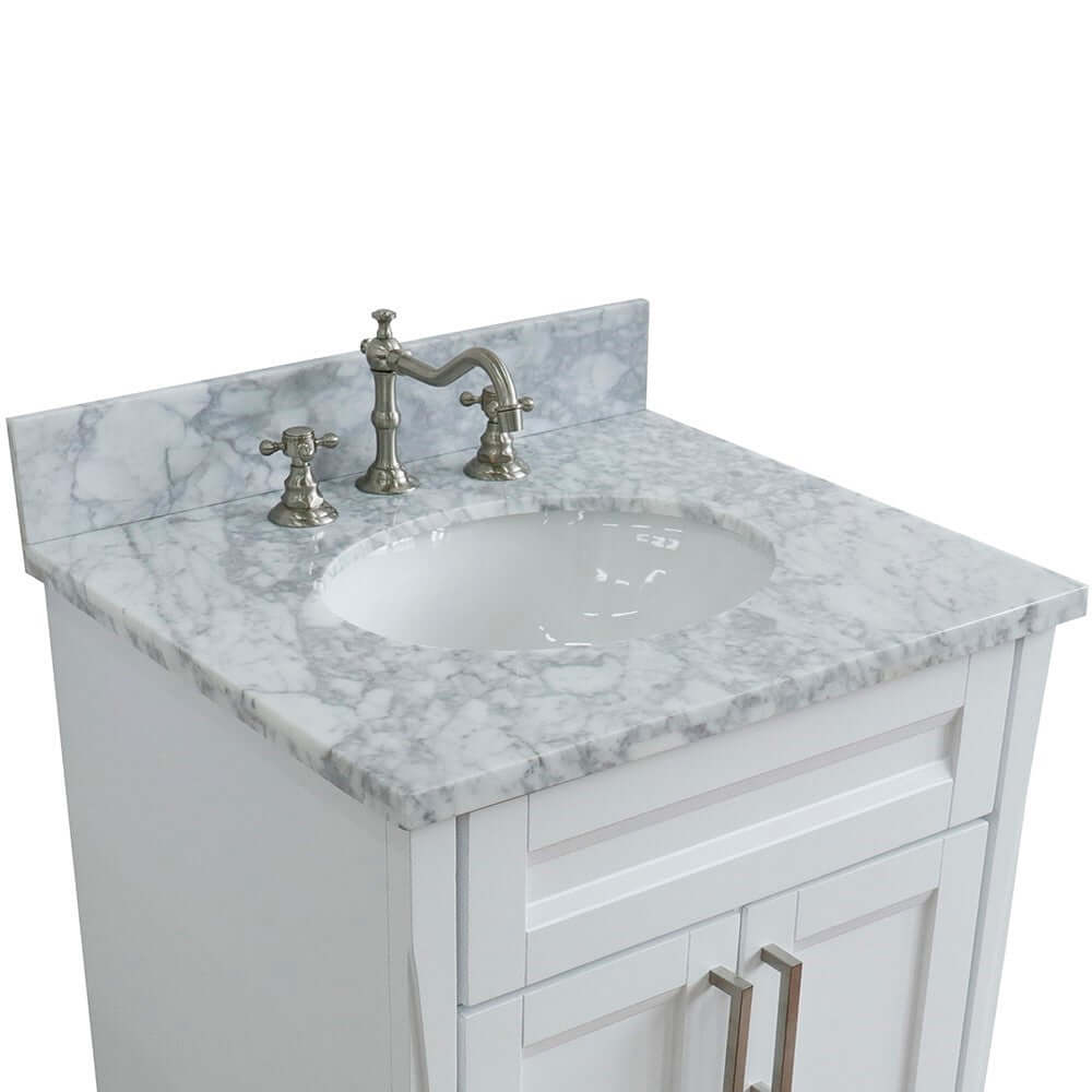 25" Single sink vanity in White finish with White Carrara marble and oval sink - 400700-25-WH-WMO