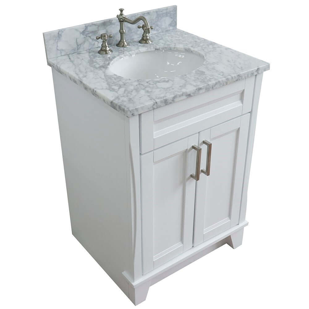 25" Single sink vanity in White finish with White Carrara marble and oval sink - 400700-25-WH-WMO