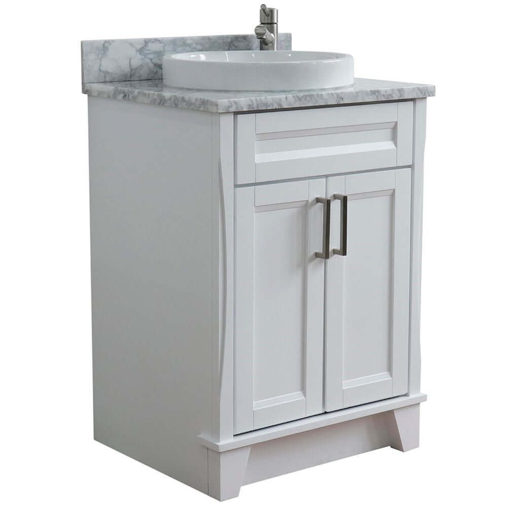 25" Single sink vanity in White finish with White Carrara marble and round sink - 400700-25-WH-WMRD