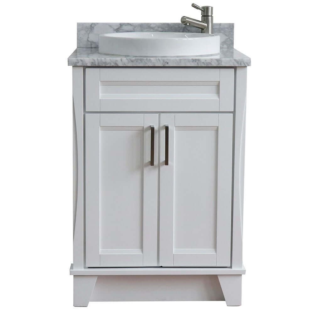 25" Single sink vanity in White finish with White Carrara marble and round sink - 400700-25-WH-WMRD