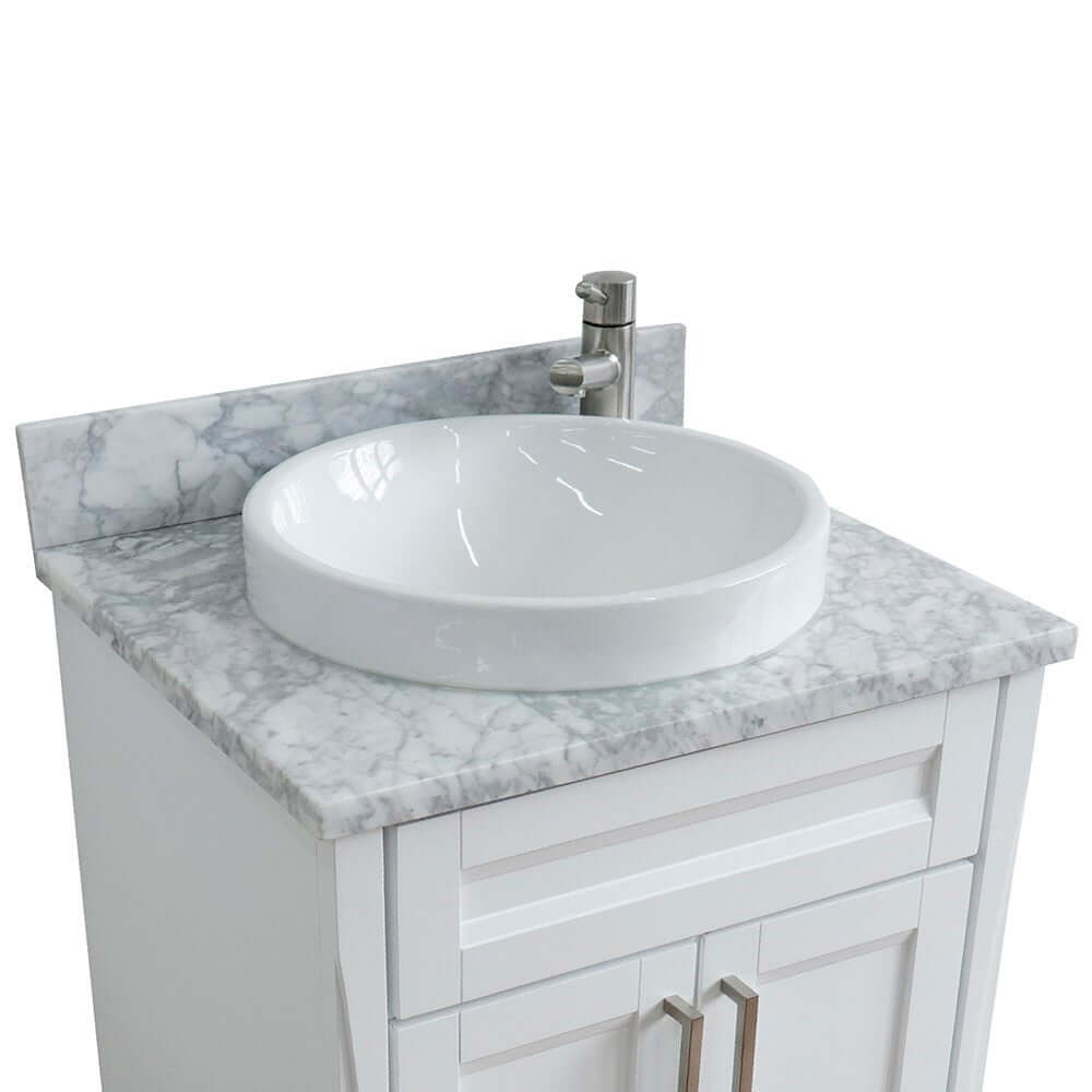 25" Single sink vanity in White finish with White Carrara marble and round sink - 400700-25-WH-WMRD