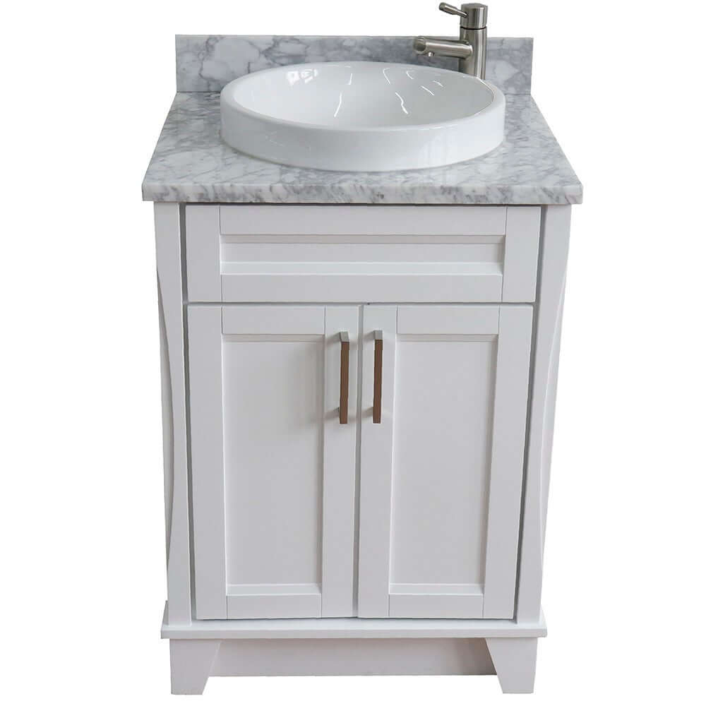 25" Single sink vanity in White finish with White Carrara marble and round sink - 400700-25-WH-WMRD