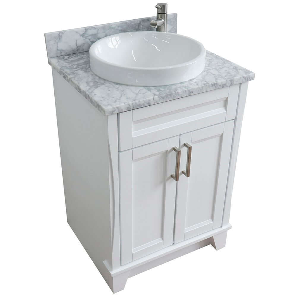 25" Single sink vanity in White finish with White Carrara marble and round sink - 400700-25-WH-WMRD