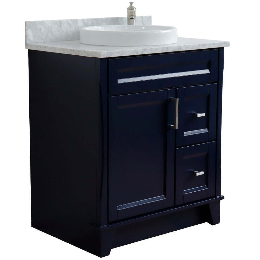 31" Single sink vanity in Blue finish with White Carrara marble with round sink - 400700-31-BU-WMRD