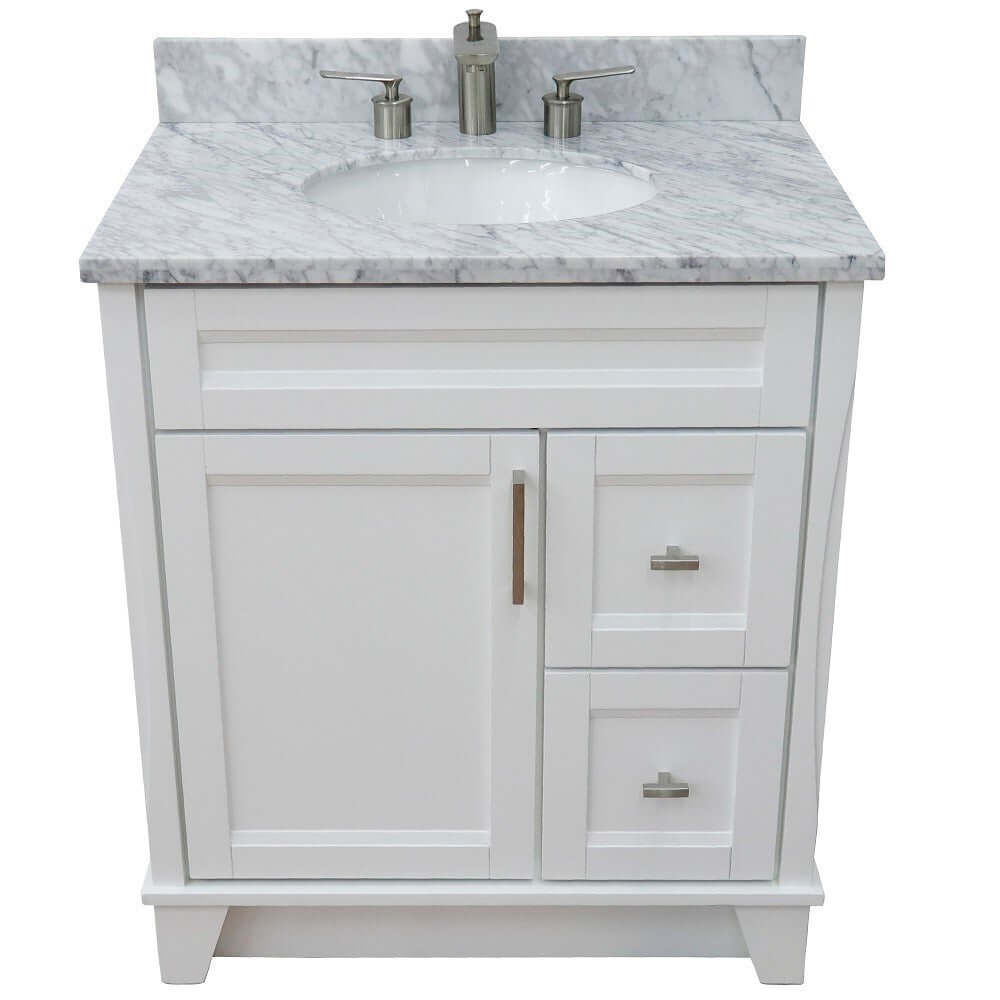 31" Single sink vanity in White finish with White Carrara marble with oval sink - 400700-31-WH-WMO