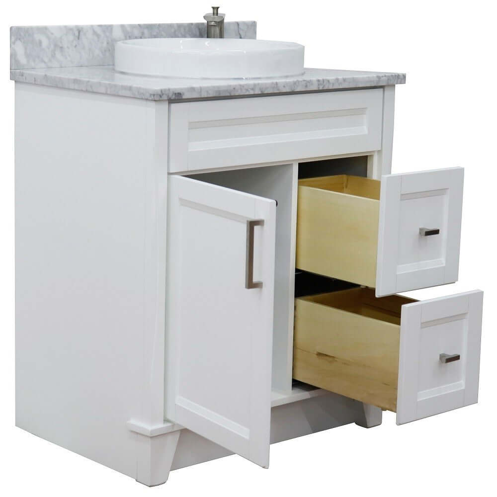 31" Single sink vanity in White finish with White Carrara marble with round sink - 400700-31-WH-WMRD