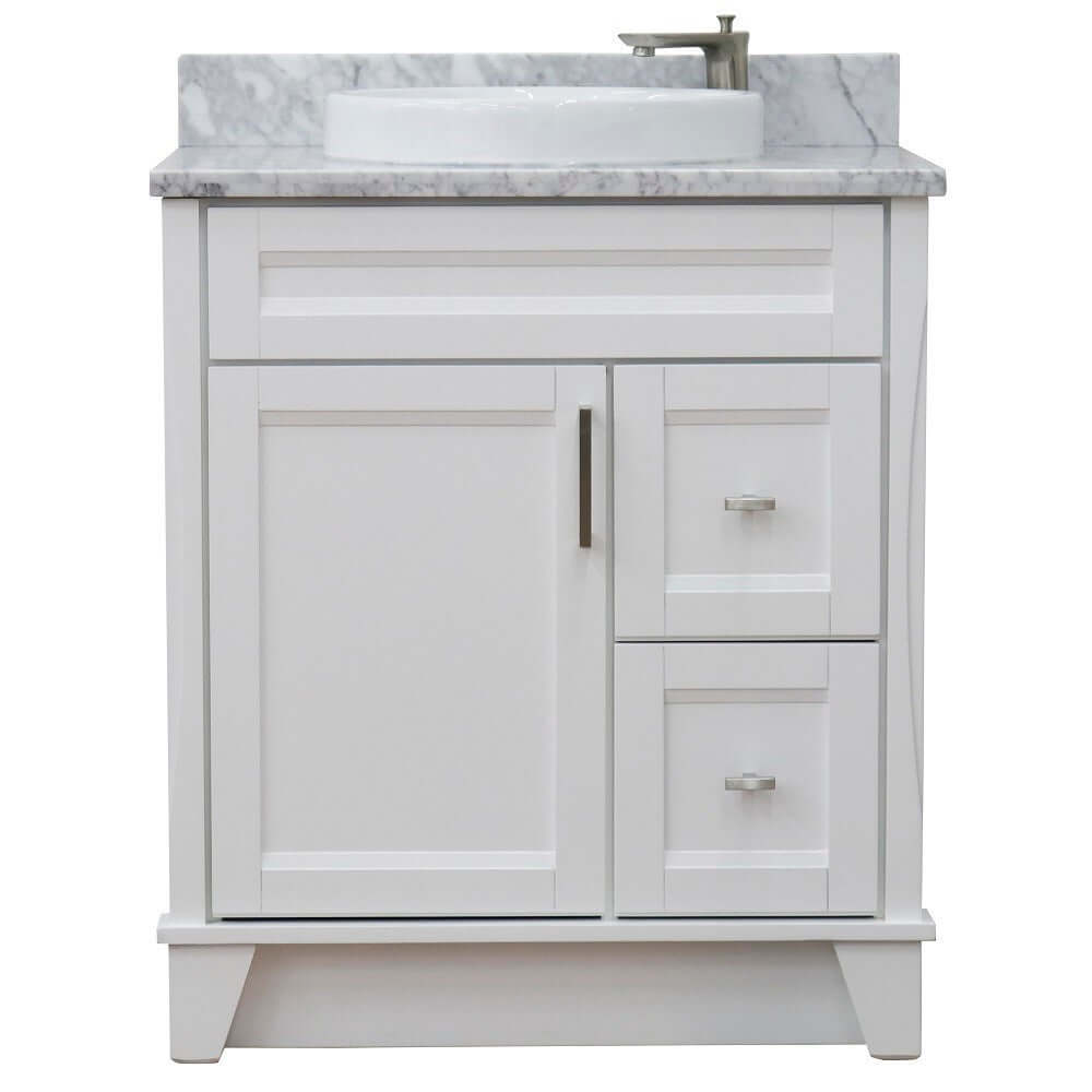 31" Single sink vanity in White finish with White Carrara marble with round sink - 400700-31-WH-WMRD