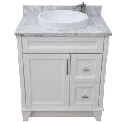 31" Single sink vanity in White finish with White Carrara marble with round sink - 400700-31-WH-WMRD