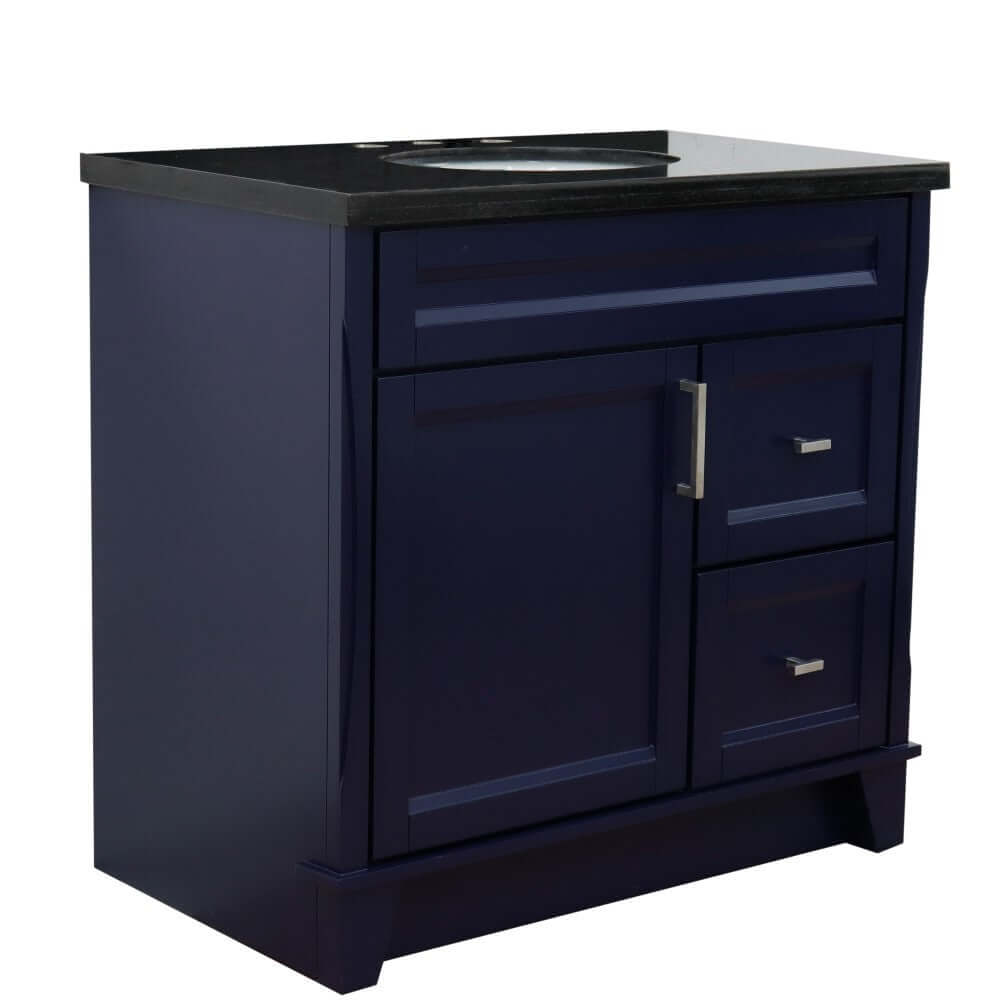 37" Single sink vanity in Blue finish with Black galaxy granite and Left door/Center sink - 400700-37L-BU-BGOC