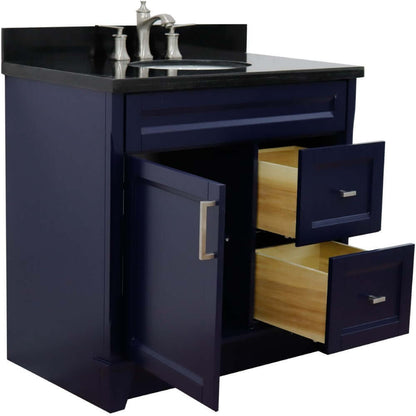 37" Single sink vanity in Blue finish with Black galaxy granite and Left door/Center sink - 400700-37L-BU-BGOC