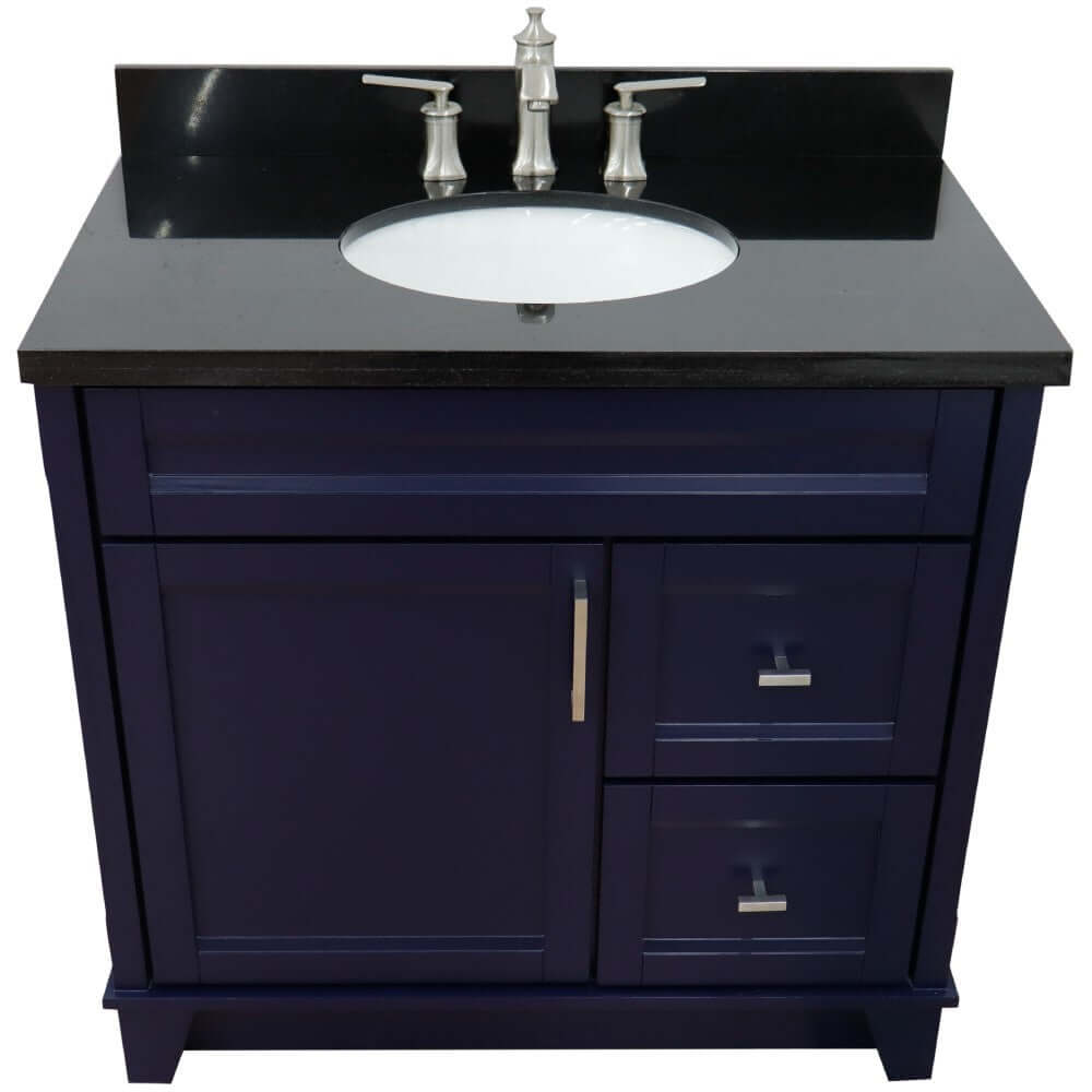 37" Single sink vanity in Blue finish with Black galaxy granite and Left door/Center sink - 400700-37L-BU-BGOC