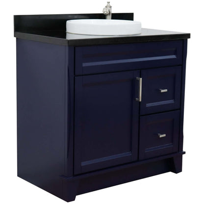 37" Single sink vanity in Blue finish with Black galaxy granite and Left door/Round Center sink - 400700-37L-BU-BGRDC