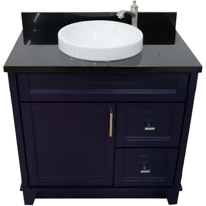 37" Single sink vanity in Blue finish with Black galaxy granite and Left door/Round Center sink - 400700-37L-BU-BGRDC