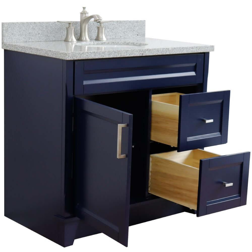 37" Single sink vanity in Blue finish with Gray granite and Left door/Center sink - 400700-37L-BU-GYOC