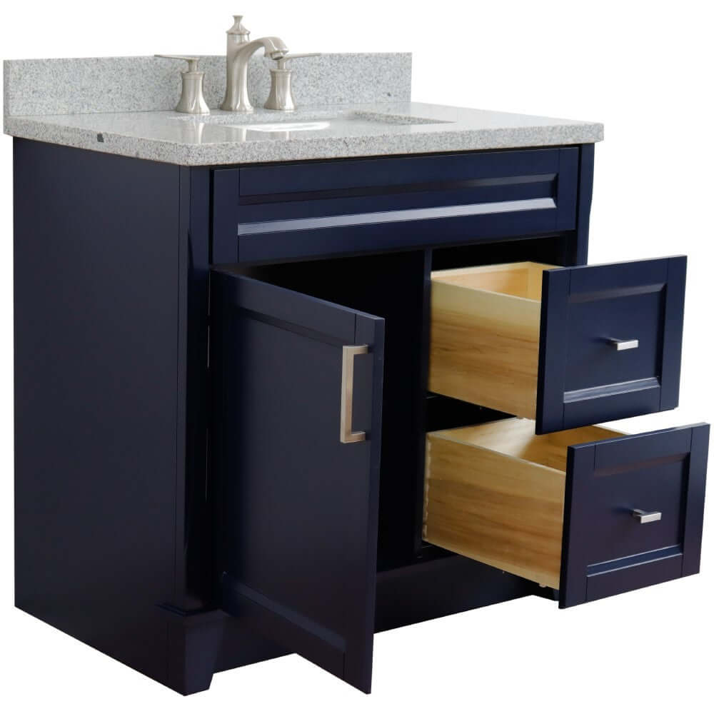 37" Single sink vanity in Blue finish with Gray granite and Left door/Center sink - 400700-37L-BU-GYRC