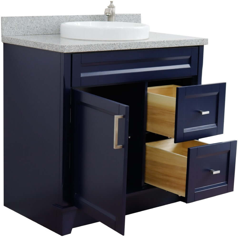 37" Single sink vanity in Blue finish with Gray granite and Left door/Center sink - 400700-37L-BU-GYRDC