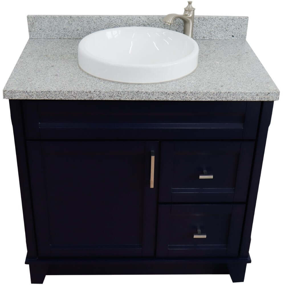 37" Single sink vanity in Blue finish with Gray granite and Left door/Center sink - 400700-37L-BU-GYRDC