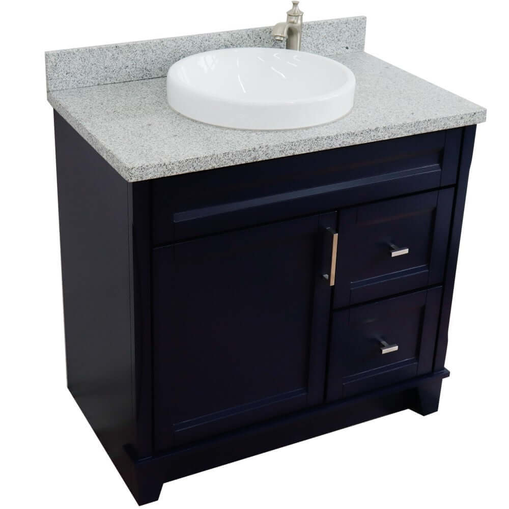 37" Single sink vanity in Blue finish with Gray granite and Left door/Center sink - 400700-37L-BU-GYRDC