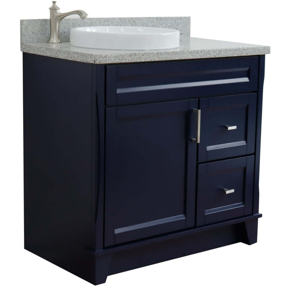 37" Single sink vanity in Blue finish with Gray granite and Left door/Round Left sink - 400700-37L-BU-GYRDL