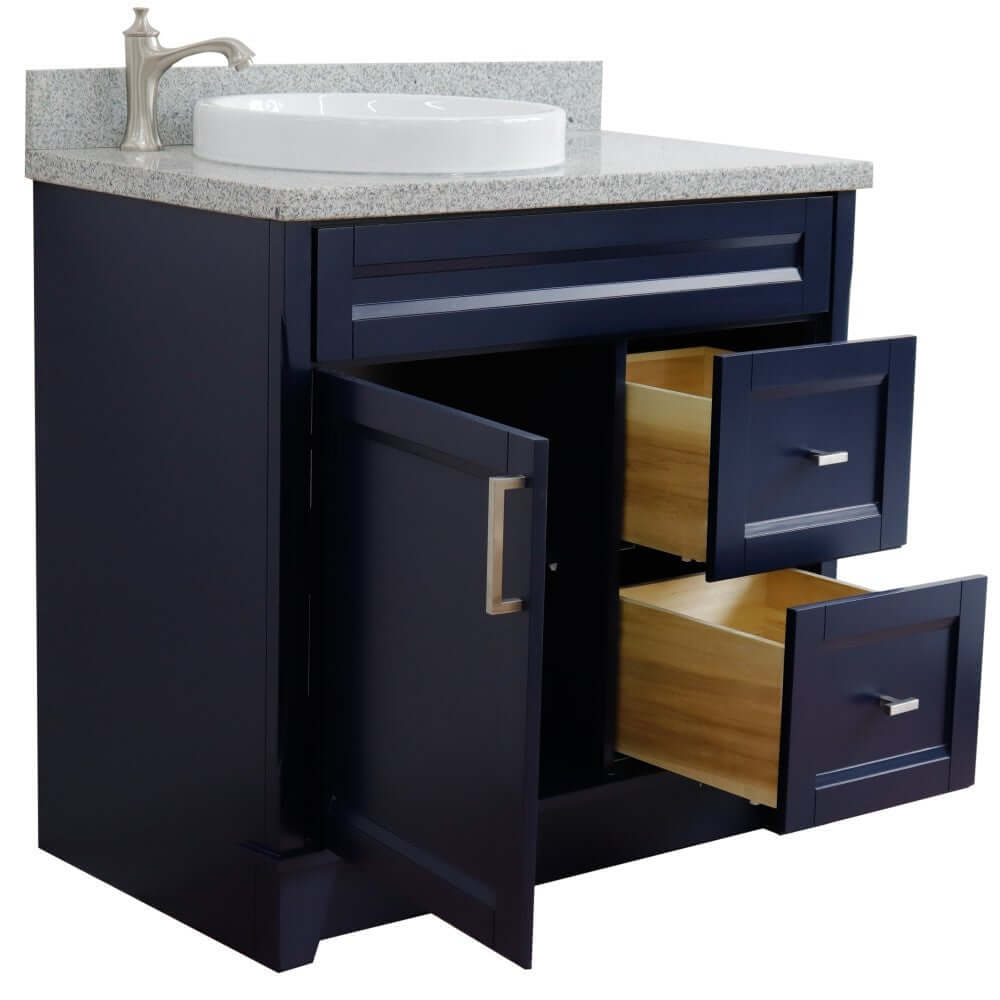 37" Single sink vanity in Blue finish with Gray granite and Left door/Round Left sink - 400700-37L-BU-GYRDL