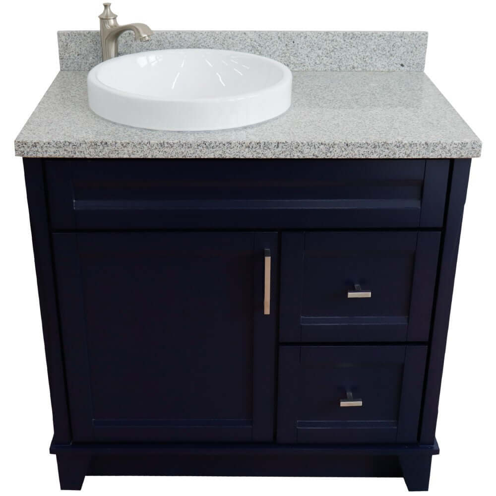 37" Single sink vanity in Blue finish with Gray granite and Left door/Round Left sink - 400700-37L-BU-GYRDL