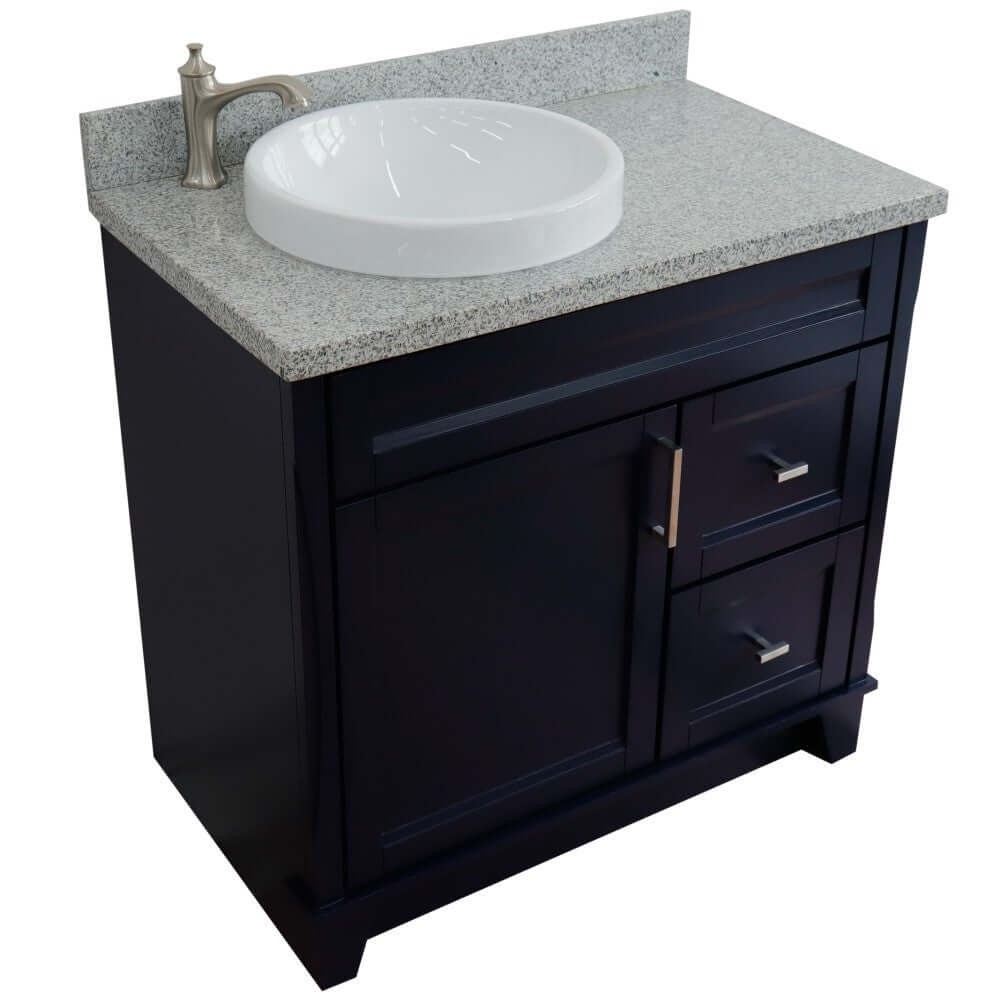 37" Single sink vanity in Blue finish with Gray granite and Left door/Round Left sink - 400700-37L-BU-GYRDL