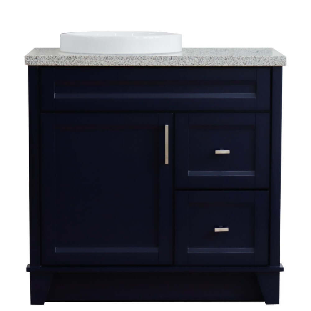 37" Single sink vanity in Blue finish with Gray granite and Left door/Round Left sink - 400700-37L-BU-GYRDL