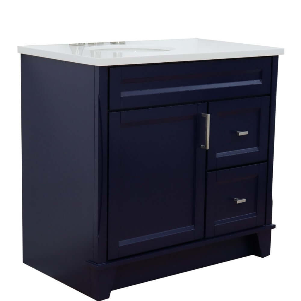 37" Single sink vanity in Blue finish with White quartz and Left door/Left sink - 400700-37L-BU-WEOL