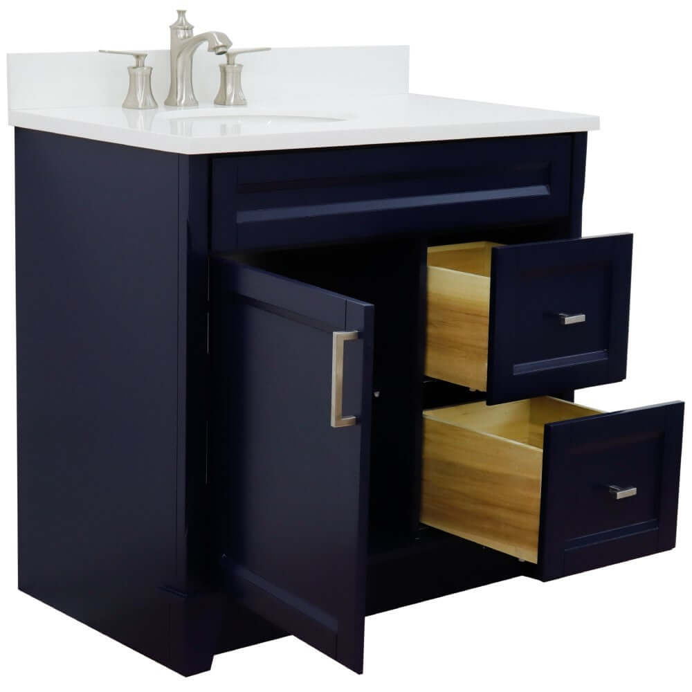 37" Single sink vanity in Blue finish with White quartz and Left door/Left sink - 400700-37L-BU-WEOL