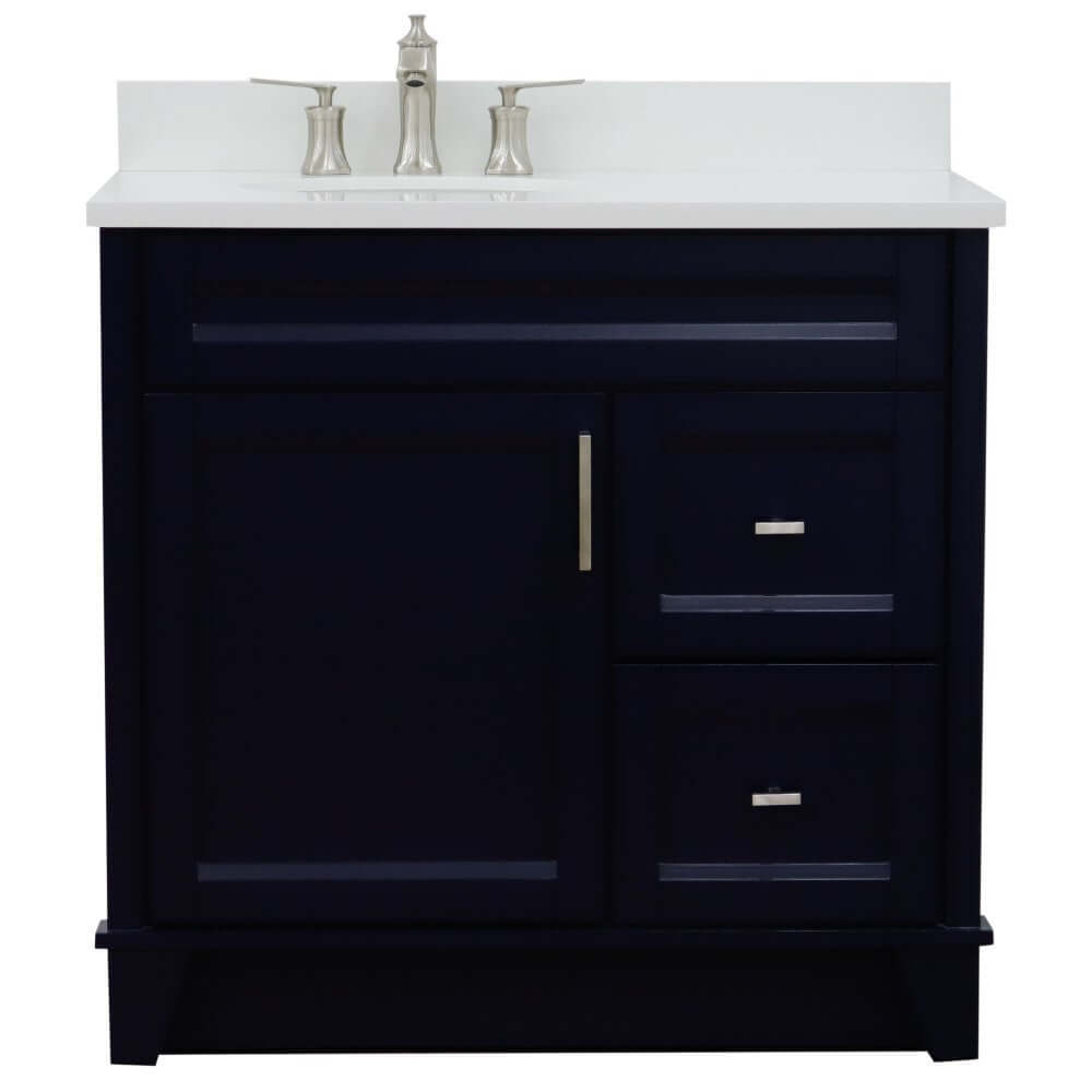 37" Single sink vanity in Blue finish with White quartz and Left door/Left sink - 400700-37L-BU-WEOL