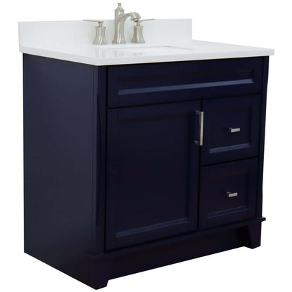 37" Single sink vanity in Blue finish with White quartz and Left door/Center sink - 400700-37L-BU-WERC