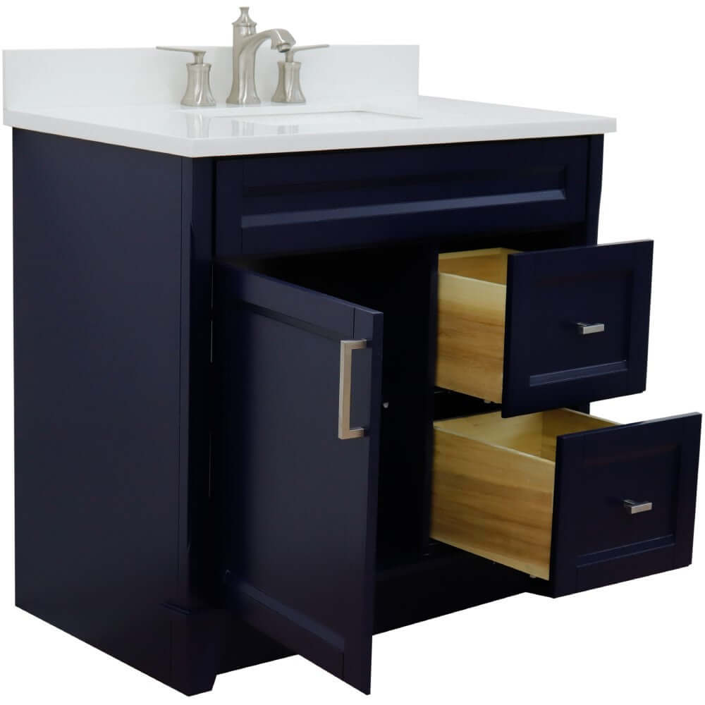 37" Single sink vanity in Blue finish with White quartz and Left door/Center sink - 400700-37L-BU-WERC