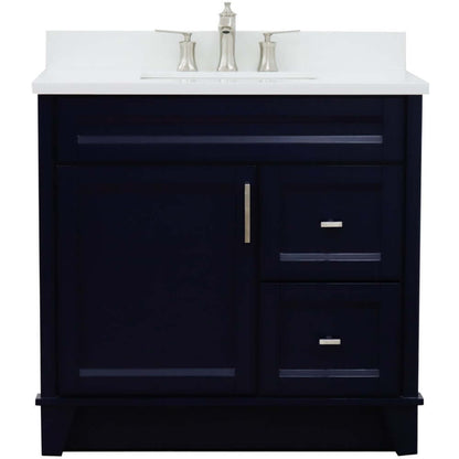 37" Single sink vanity in Blue finish with White quartz and Left door/Center sink - 400700-37L-BU-WERC