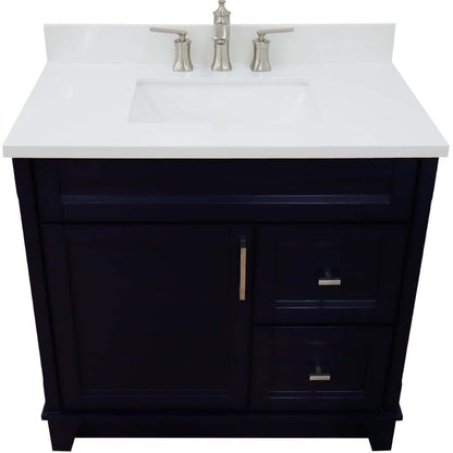 37" Single sink vanity in Blue finish with White quartz and Left door/Center sink - 400700-37L-BU-WERC