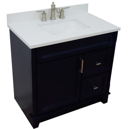 37" Single sink vanity in Blue finish with White quartz and Left door/Center sink - 400700-37L-BU-WERC