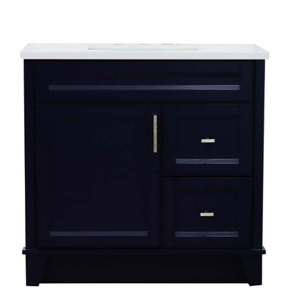 37" Single sink vanity in Blue finish with White quartz and Left door/Center sink - 400700-37L-BU-WERC