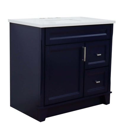 37" Single sink vanity in Blue finish with White quartz and Left door/Center sink - 400700-37L-BU-WERC