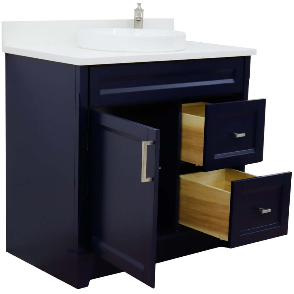 37" Single sink vanity in Blue finish with White quartz and Left door/Round Center sink - 400700-37L-BU-WERDC