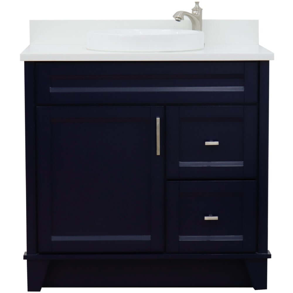 37" Single sink vanity in Blue finish with White quartz and Left door/Round Center sink - 400700-37L-BU-WERDC