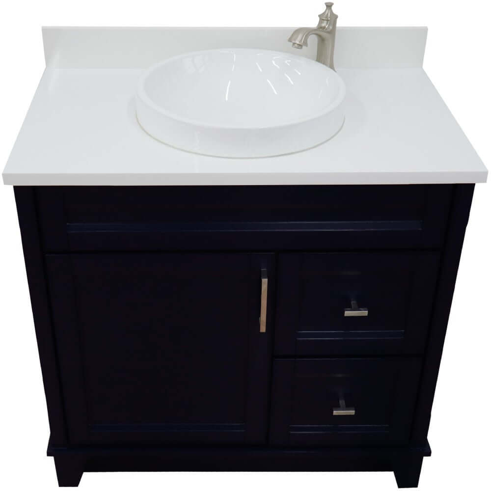 37" Single sink vanity in Blue finish with White quartz and Left door/Round Center sink - 400700-37L-BU-WERDC