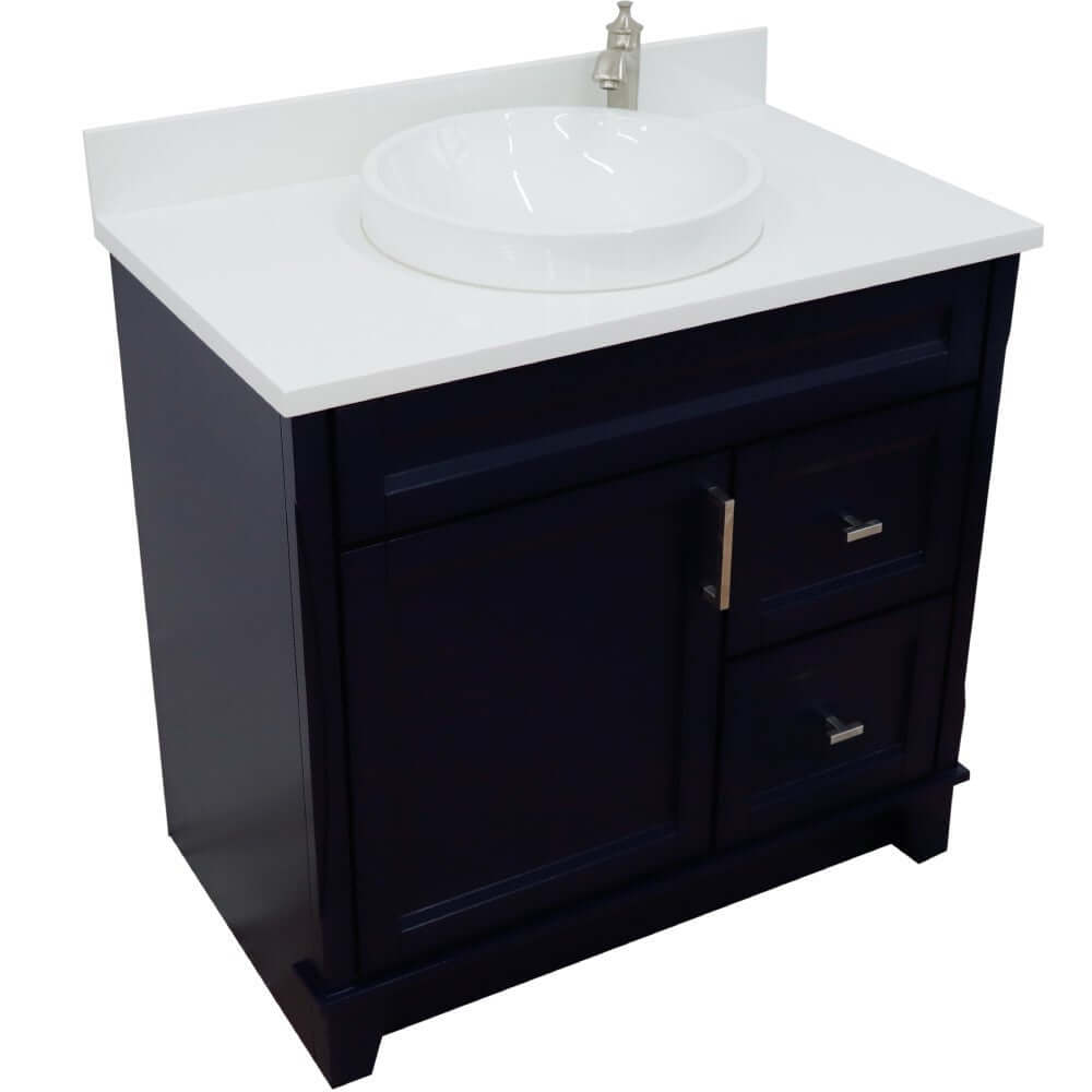 37" Single sink vanity in Blue finish with White quartz and Left door/Round Center sink - 400700-37L-BU-WERDC