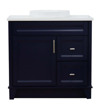 37" Single sink vanity in Blue finish with White quartz and Left door/Round Center sink - 400700-37L-BU-WERDC