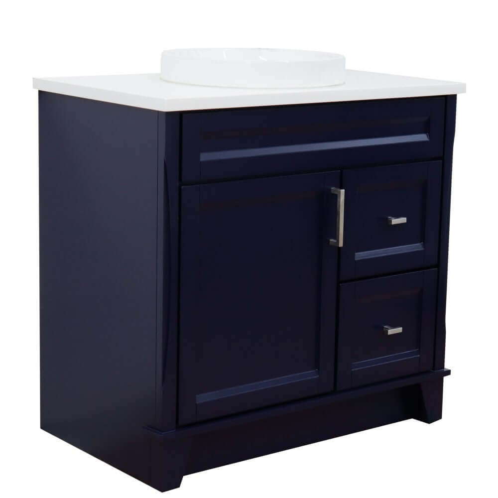 37" Single sink vanity in Blue finish with White quartz and Left door/Round Center sink - 400700-37L-BU-WERDC