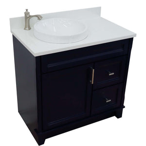 37" Single sink vanity in Blue finish with White quartz and Left door/Round Left sink - 400700-37L-BU-WERDL