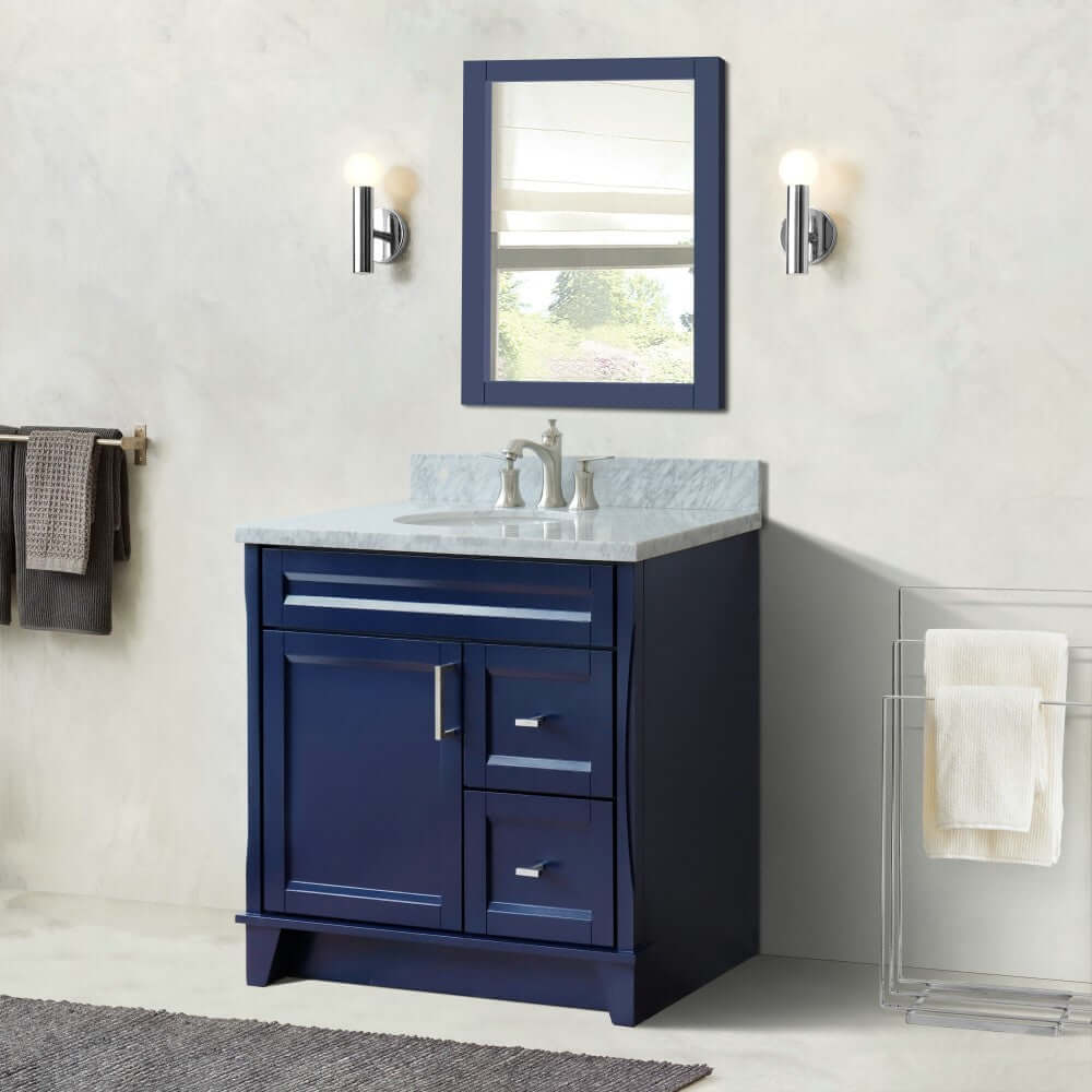 37" Single sink vanity in Blue finish with White Carrara marble and Left door/Center sink - 400700-37L-BU-WMOC