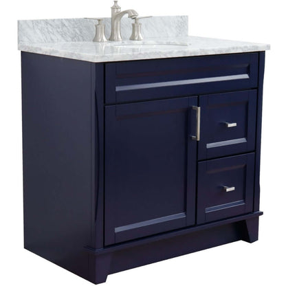 37" Single sink vanity in Blue finish with White Carrara marble and Left door/Center sink - 400700-37L-BU-WMOC