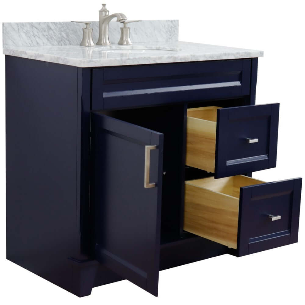 37" Single sink vanity in Blue finish with White Carrara marble and Left door/Center sink - 400700-37L-BU-WMOC